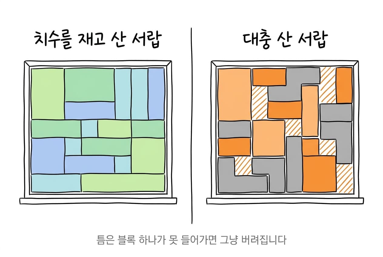 치수를 재고 산 서랍은 블록이 빈틈 없이 맞물린 테트리스 판처럼 채워지고, 대충 산 서랍은 블록 사이에 못 쓰는 틈이 숭숭 남은 비교 다이어그램