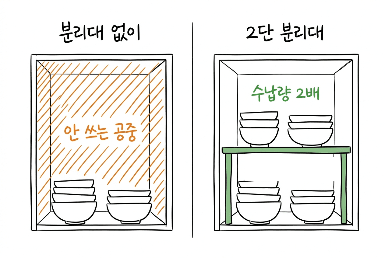 분리대 없이 바닥에만 물건이 놓여 위가 비어 있는 선반과, 2단 분리대로 두 층을 모두 쓰는 선반의 비교 다이어그램