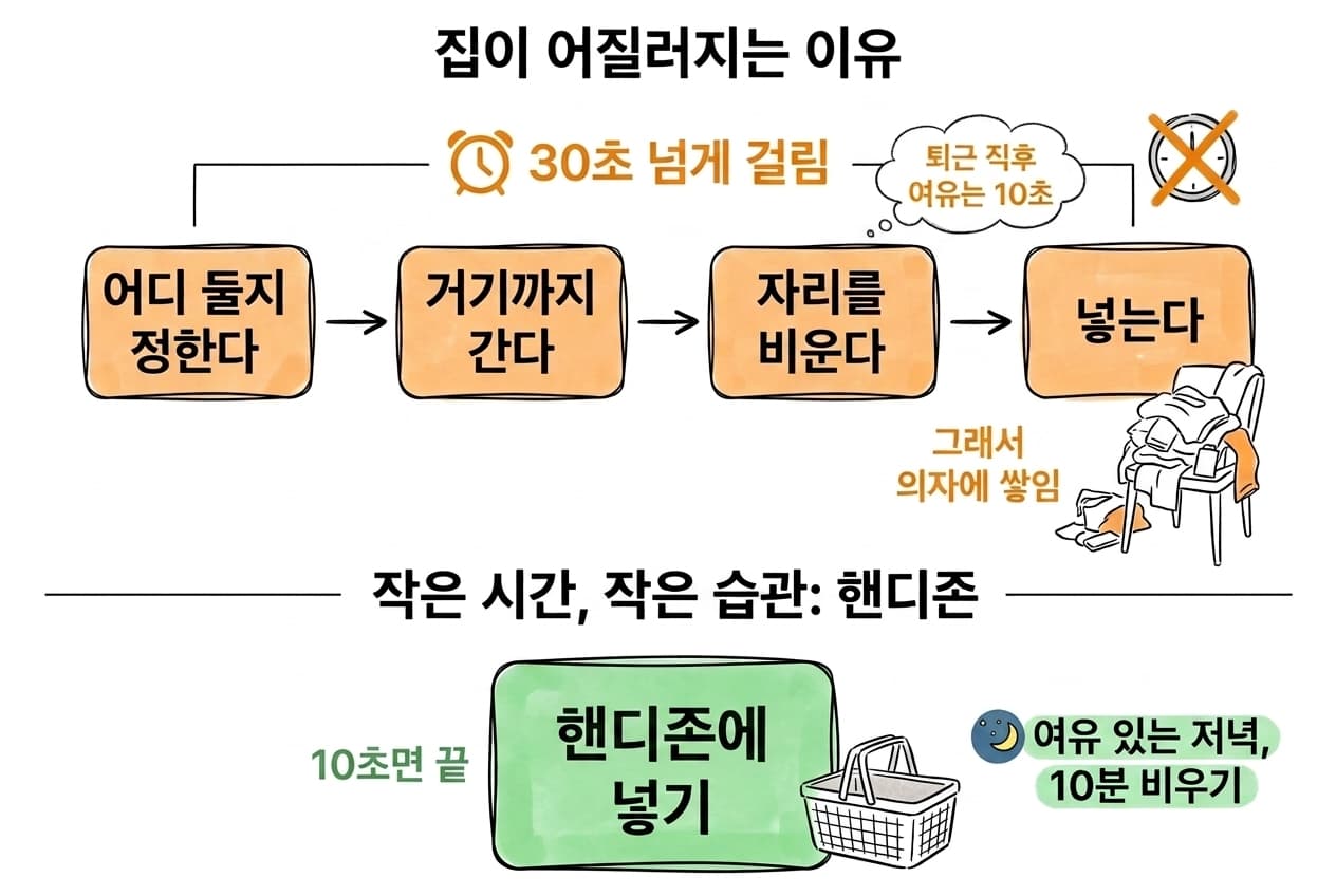 제자리에 두는 네 단계는 30초가 넘게 걸리는데 퇴근 직후 여유는 10초뿐이라 의자에 쌓인다는 다이어그램. 핸디존에 넣기는 10초면 끝나고 여유 있는 저녁에 10분 비우면 된다